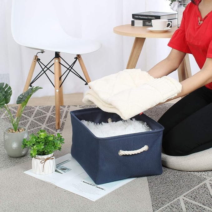 uxcell Collapsible Fabric Storage Basket, Dark Blue, 50L, Linen & EVA, Dual Handles, Multi-Purpose Organizer for Bedroom, Office, Closet
