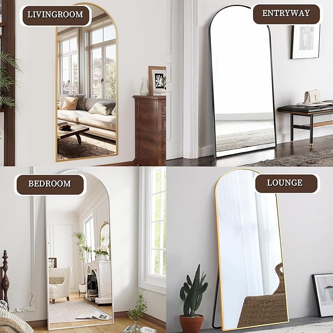 OGCAU Full Length Mirror, 70"x26" Arched Full Body Floor Mirror with Stand, Hanging or Leaning, Standing, Wall Mounted with Aluminum Frame for Bedroom Living Room (Black)