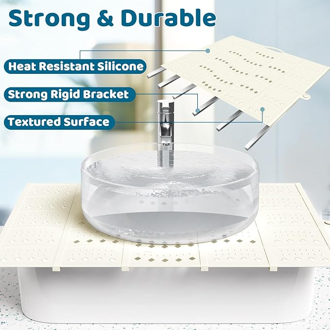Bathroom Sink Cover for Counter Space, Foldable Silicone Sink Mat Makeup Organizer Mat Space Saver, Women’s Gifts for Valentine RV Camper Travel Must Haves Accessories, Pearl