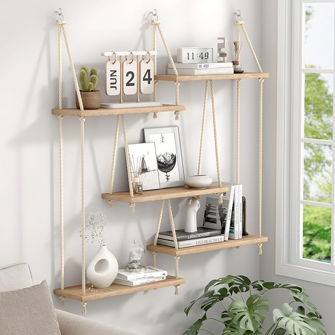 5 Tier Hanging Wall Shelves, Boho Rope Hanging Plant Stand with LED Vine Lights, Rustic Wood Floating Shelves Organizer for Bedroom Kitchen Living Room Wall Decor (Five-Tier Rope Rack)
