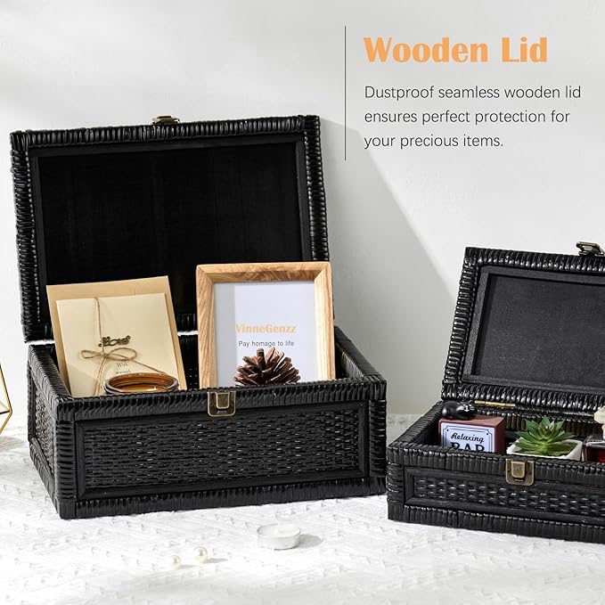 2PCS Rattan Boxes with Lid Decorative Natural Handmade Boho Baskets Woven Wicker Cane Bin Keepsake Memory Jewelry Rectangular Desk Shelf Closet Organizer Container (Black, 1 Large 1 Small)