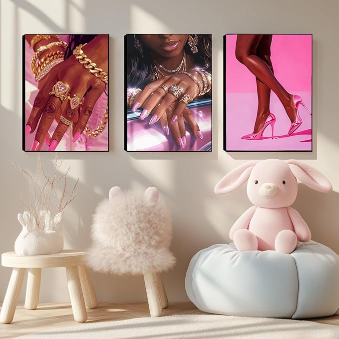 Pink Fashion Black Girl Canvas Wall Art Set of 3 African American Black Woman Posters Wall Decor Fashion Black Woman Pictures Prints for Living Room Bedroom Artwork Home Decoration 12x16Inch Unframed