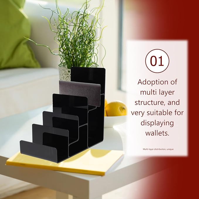 Cabilock Multi-Layer Acrylic Wallet Display Stand 5-Tier Black Purse Organizer Rack for Home and Store Counter Top Suitable for Wallets Handbags Sunglasses Jewelry Storage