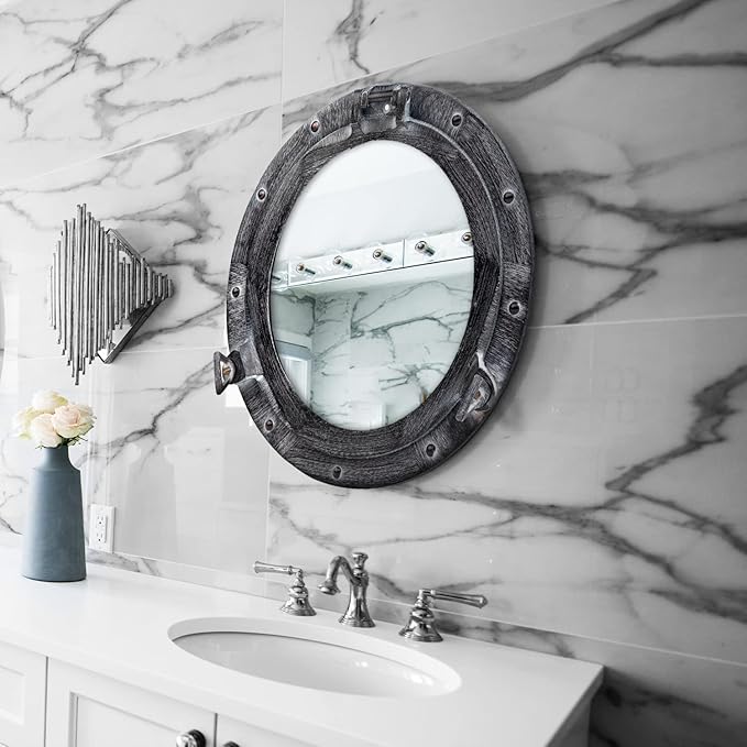 20 Inch Bathroom Wall Decor Ship Porthole Mirror with Antique Gray Finish – Vintage Round Wall Mounted Mirror for Bathroom Vanity, Nautical Pirate Coastal Vintage Home Décor