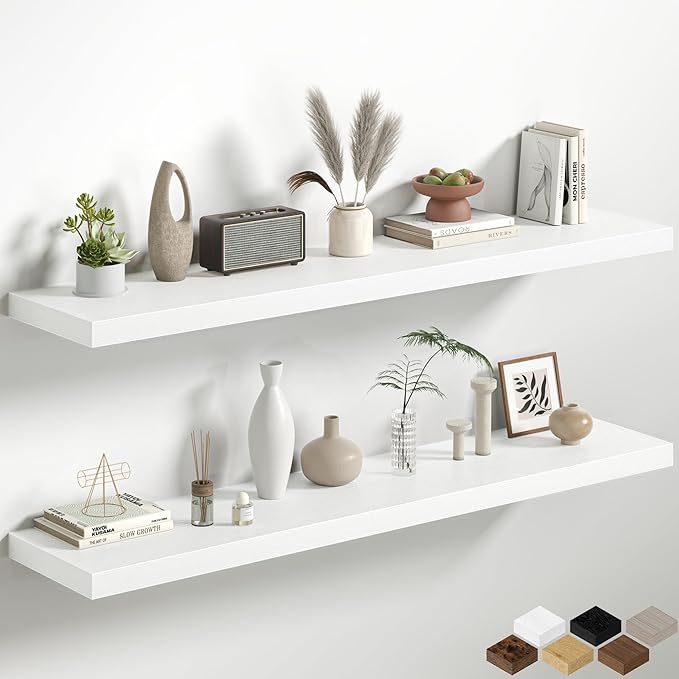 White Floating Shelves for Wall, 55 Inch Floating Shelves Set of 2, Wall Mounted Rustic Wood Shelf for Bathroom, Living Room, Bedroom and Kitchen, Hanging Shelf for Storage, Books, Home Decor