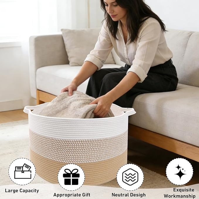 115L Large Blanket Basket,23.6"L x 23.6"W x 15.7"H Rope Woven Baskets with Handles, Toys Storage Bins,Laundry Basket Perfect for Living Room, Nursery,Bedroom,Home Organization,Yellow