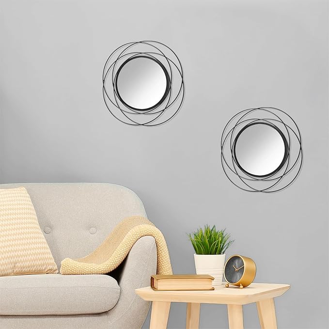 2 Set 12'' Black Circle Mirrors Wall Decor Iron Frame Wall Art Round Mirror Home Decor Hanging for Living Room Bedroom Bathroom Entryway