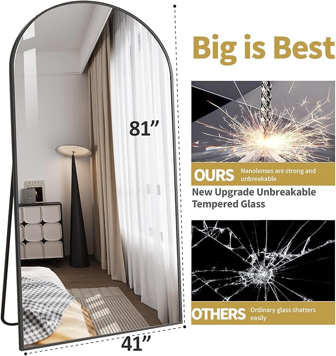 DMWOODFL 81"x41" Black Arched Full Length Mirror - Extra Large Floor/Wall Mounted, Shatterproof Glass & Aluminum Frame with Stand for Bedroom, Living Room, Entryway