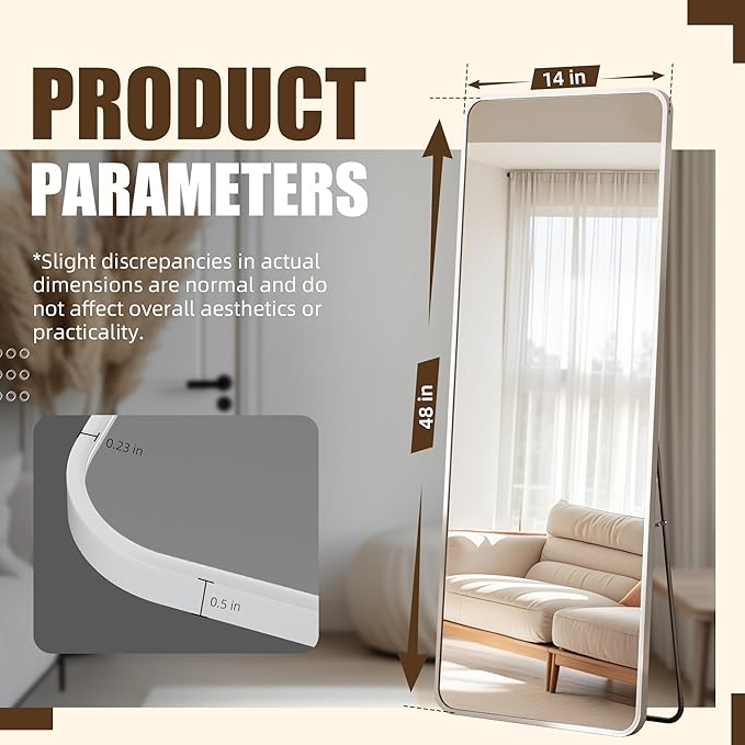 Antok Over The Door Mirror Full Length, 49'' x 14''Wall Mounted Hanging Mirror, Aluminum Alloy Frame, Shatterproof Glass, No Drill Installation for Bedroom, Closet, Bathroom, Dorm, Round Corner, White