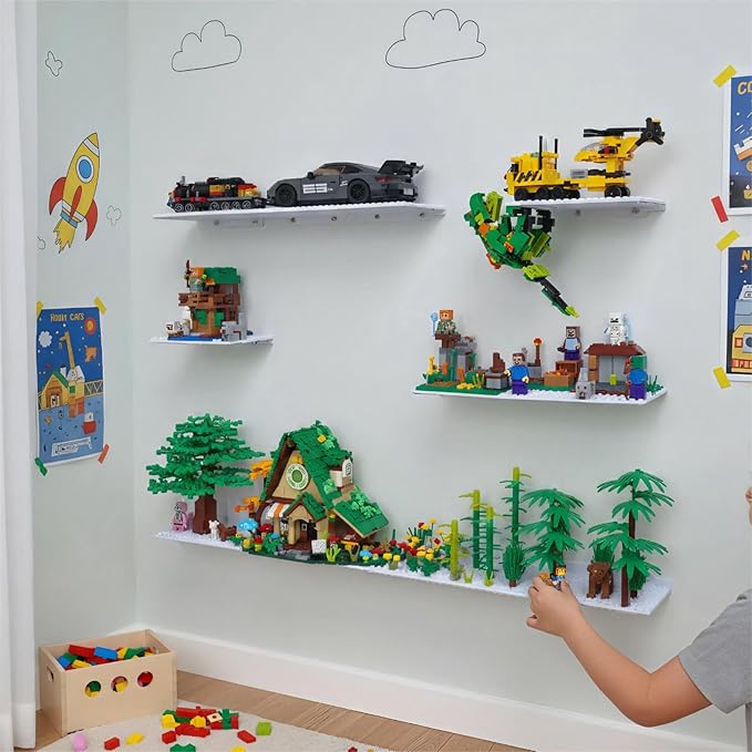 LRANFOW 6 Pack Wall Display Shelves with Dual Sided Building Studs, 4x5 Inch Baseplate Shelf Compatible with Lego Building Bricks for Organized Storage & Modern Room Deco Builders Gift, 16x13 Studs