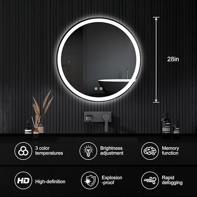 Sweetcrispy 36-Inch Round LED Bathroom Backlit Mirror with Lights, Circle Vanity Mirror with Anti-Fog, Dimmable, 3-Color Light, Memory Function, Tempered Glass
