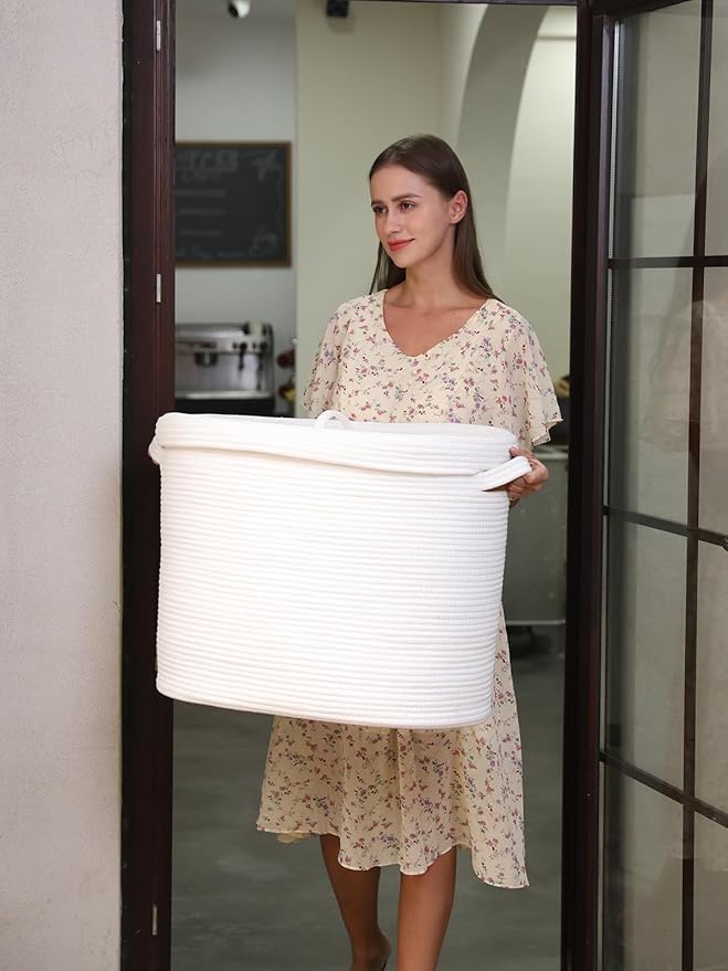 22"x14"x18" Rectangular Extra Large Storage Basket With Lid, Large Cotton Rope Storage Basket, Woven Laundry Hamper, Cloth Storage Bin, for Clothes Towels Blankets in Living Room, All White