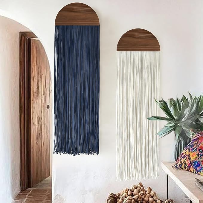 2 Pcs Macrame Wall Hanging Fiber Wall Art Boho Fringe Wall Decor Handmade Modern Textile Tapestry for Living Room Bedroom Apartment Scandinavian Home Decor 13.7" W x 51" L