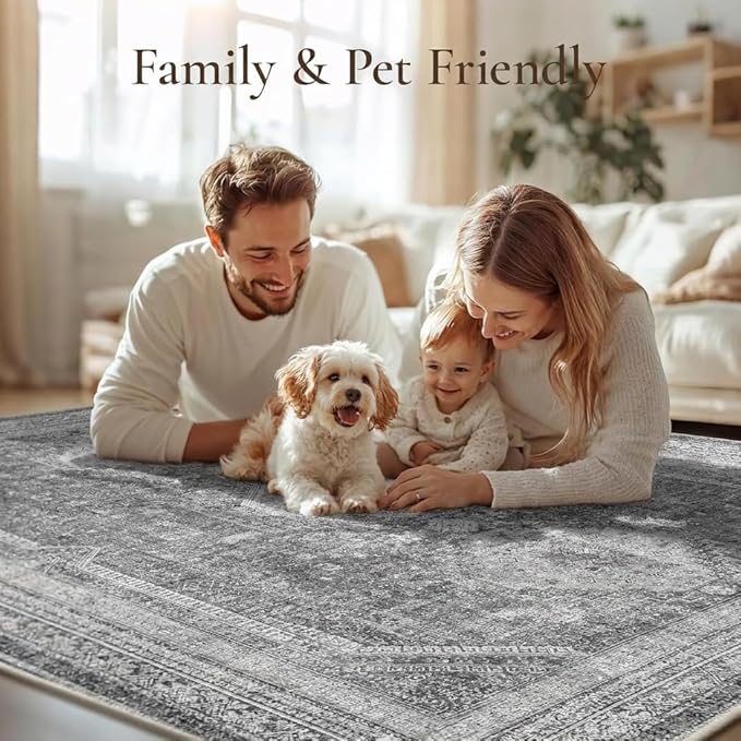 GENIMO 8x10 Area Rugs for Living Room, Machine Washable Non Slip Rugs, Low Pile Lightweight Print Rug for Bedroom, Dining Room, Home Office, Vintage Grey