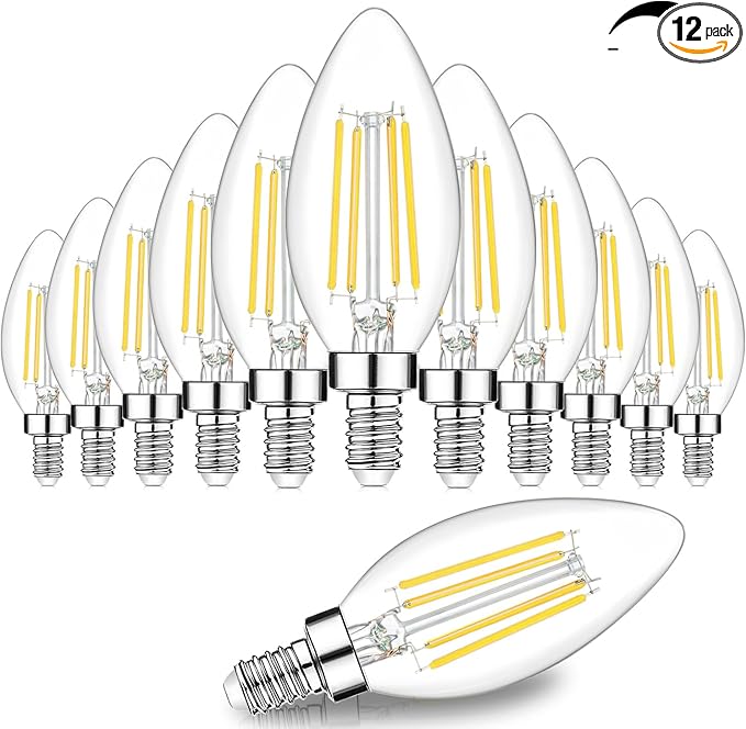 12-Pack Dimmable E12 LED Candelabra Bulbs 60W Equivalent, 4000K Cool White, 600 Lumens B11 Candle Base 6W C35 LED Filament Vintage Light Bulbs, Clear Glass for Chandelier Ceiling Fan High CRI 90+