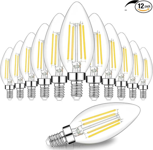 12-Pack Dimmable E12 LED Candelabra Bulbs 60W Equivalent, 4000K Cool White, 600 Lumens B11 Candle Base 6W C35 LED Filament Vintage Light Bulbs, Clear Glass for Chandelier Ceiling Fan High CRI 90+
