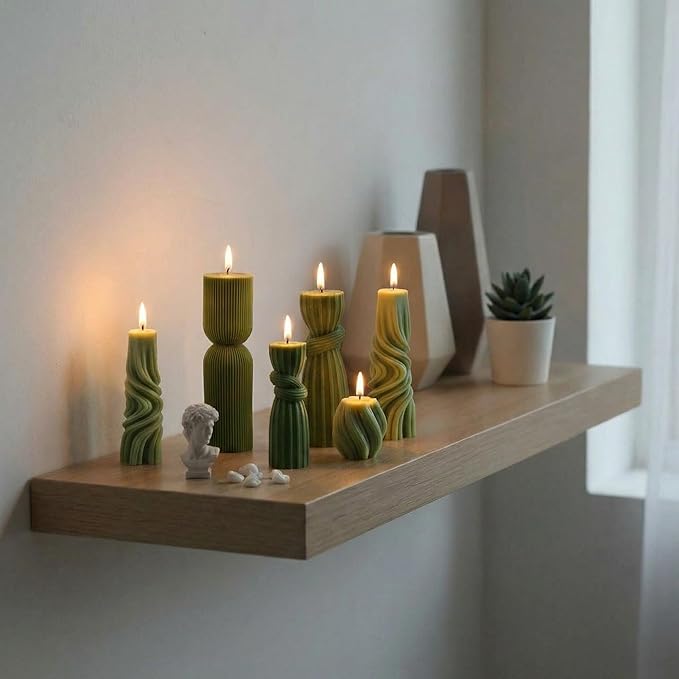 Threlaco 6 Pcs Pillar Candles Decorative Modern Aesthetic Ribbed Candle Set Cute Soy Wax Scented Ribbed Decor Valentine's Commemorative Gift for Home Decoration(Green,2.36-6.89 Inch)