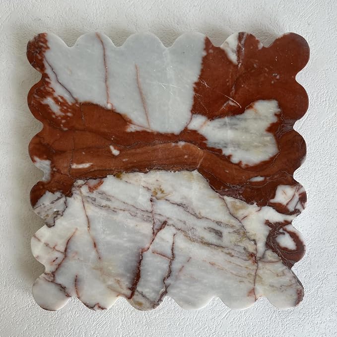 Vintage Natural Marble Tray Small Ornaments Scalloped Tray Handmade Storage Dish for Counter, Vanity, Dresser, Nightstand and Desk (Calacatta Red)