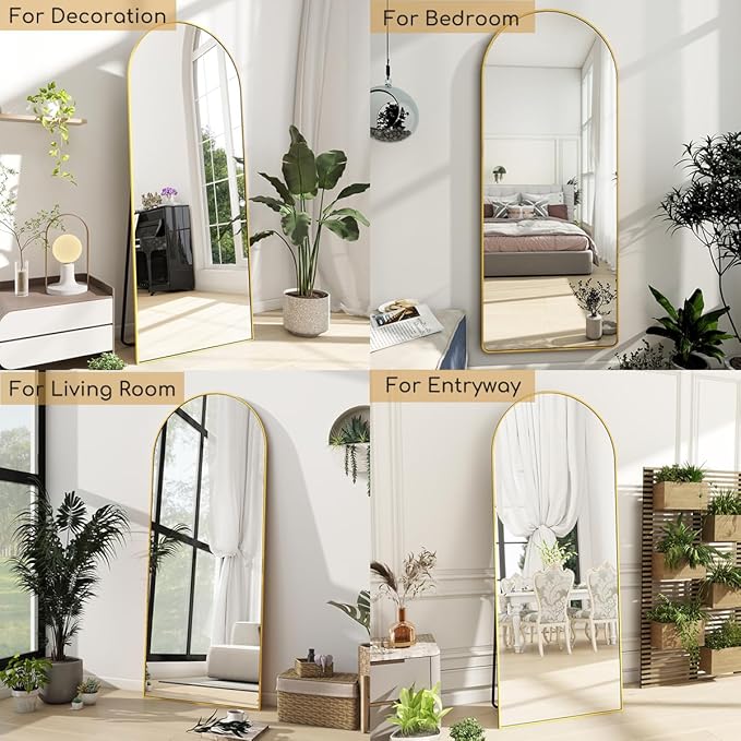 Prywot Arched Full Length Mirror, 64"x21" Free Standing Floor Mirror, Modern Full Body Mirrors with Stand, Wall Mirrors with Aluminum Alloy Frame for Bedroom,Living Room, Gold