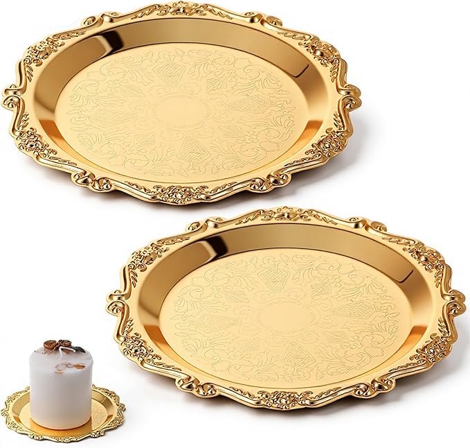 2 PCS Gold Pillar Candle Holder Decor, 5.9 Inch Round Metal Carved Candle Tray, Pillar Candles Plates Stand Decorative for Scented Ball Flameless Candles LED Coffee Table Wedding Party Home