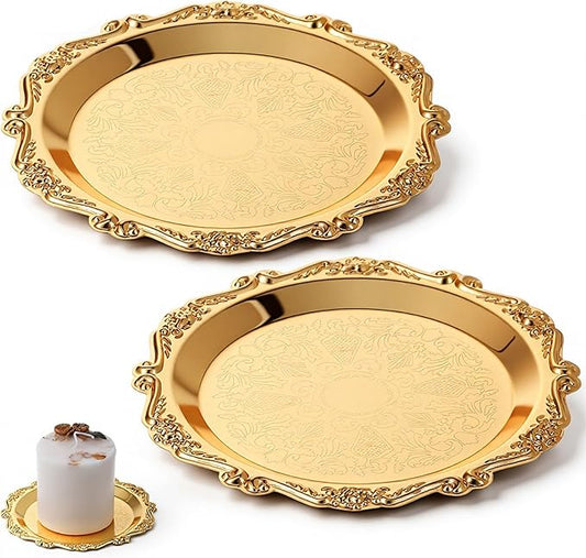 2 PCS Gold Pillar Candle Holder Decor, 5.9 Inch Round Metal Carved Candle Tray, Pillar Candles Plates Stand Decorative for Scented Ball Flameless Candles LED Coffee Table Wedding Party Home