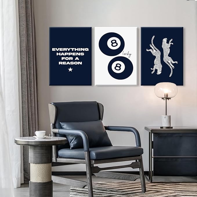 Navy Blue Leopard Wall Art Decor Cheetah Print Room Poster Trendy Preppy Canvas Wall Art Funky Aesthetic Room Decor 8 Ball Lucky Poster Y2k Stylish Artwork for Bedroom 16x24x3 Inch Wrapped Canvas