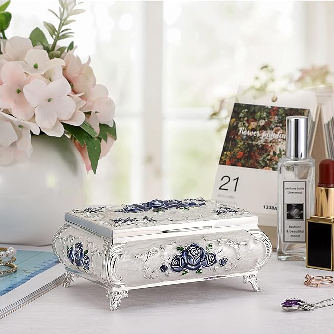 Hipiwe Metal Decorative Jewelry Box Vintage Treasure Chest Case Ornate Trinket Organizer Earrings Necklace Bracelet Storage Box Ring Holder Keepsake Box for Women