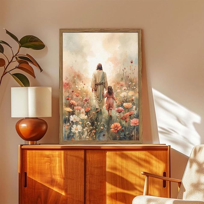 Jesus and the Girl Wall Art, Religious Jesus Painting Wall Decor Christ our Savior 3D Textured Hand Drawn Sandstone Christian Artwork for Living Prayer Room Bedroom 24x36 inch Wood Framed