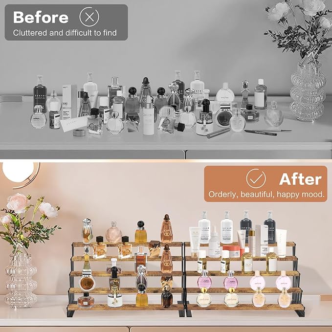 KALYLOC 5 Tier Wooden Display Riser Stand 13.8 Inch Metal Step Perfume Stand Organizer Tabletop Tiered Display Shelf Rack for Cologne Cupcake Spice Figures Cosmetics Candles (Brown, X-Shape)