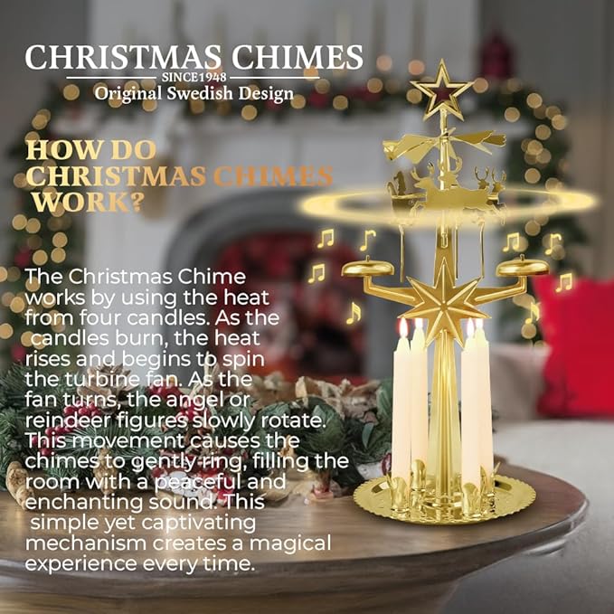 Original Swedish Christmas Chimes, Santa, Carousel and 4 Candles – Scandinavian Spinning Festive Chimes for Christmas, Best Memorial Gift Since 1948, Home Decorations - Brass
