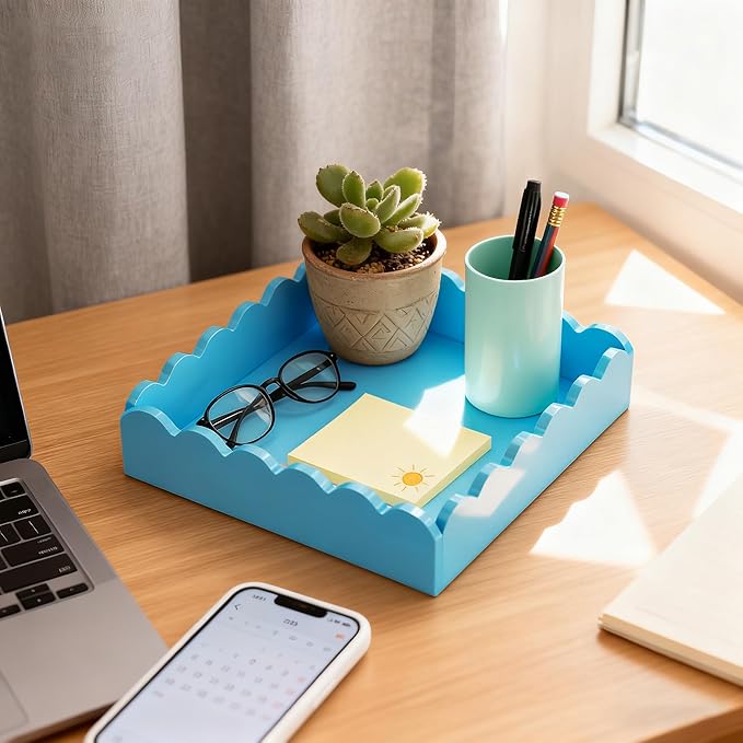 Scalloped Acrylic Tray, Glossy Blue Acrylic Decorative Tray for Home Decor, 8x8 Inch Acrylic Organizer Tray for Bathroom Vanity Countertop Square Acrylic Display Tray for Jewelry (Square Blue)