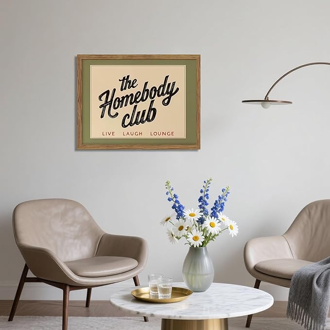 Vintage The Homebody Club Wall Art, Minimalist Live Sign Canvas Wall Decor Painting, Trendy Quote Artwork Poster Print Picture for Living Room Bedroom Homebody Gifts 16x24 Inch Framed