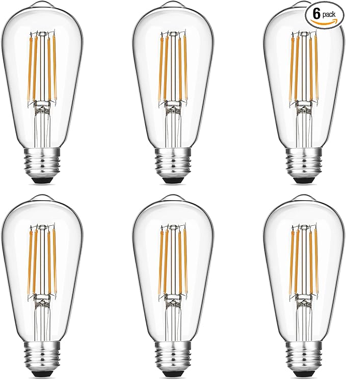 Gozelux Vintage LED Edison Bulbs 6W, Equivalent 60W Incandescent, Warm White 2700K, ST58 Antique LED Filament Bulbs with 90+ CRI, E26 Medium Base,Dimmable, Clear Glass, Pack of 6