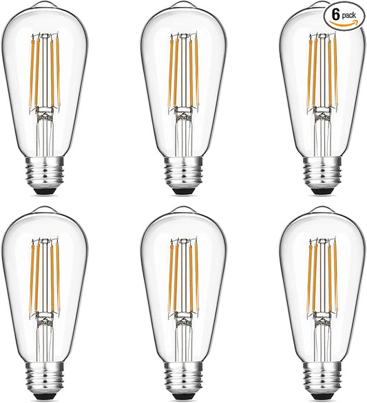 Gozelux Vintage LED Edison Bulbs 6W, Equivalent 60W Incandescent, Warm White 2700K, ST58 Antique LED Filament Bulbs with 90+ CRI, E26 Medium Base,Dimmable, Clear Glass, Pack of 6