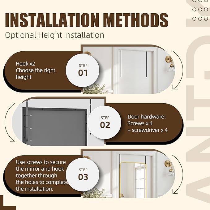 Antok Over The Door Mirror Full Length, 49'' x 14''Wall Mounted Hanging Mirror, Aluminum Alloy Frame, Shatterproof Glass, No Drill Installation for Bedroom, Closet, Bathroom, Dorm, Round Corner,Black