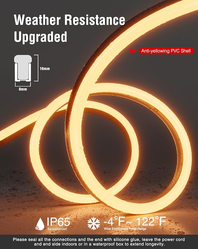 Shine Decor LED Neon Rope Lights AC 120V, Expandable & Cuttable 120LEDs/M Bright Strip Lighting, ETL Cold-Resistant & IP65 Waterproof for Indoor Outdoor, 8x16mm, 2500K Warm White, 131.2ft