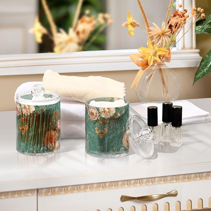 2 Pack Apothecary Jars Floral Motif Collection Green Bathroom Vanity Storage Organizer Set,Small Clear Plastic Storage Jars Bathroom Canister for Cotton Swabs, Rounds, Balls, Qtips,Makeup Spong