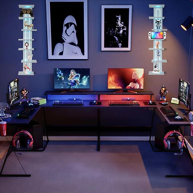 Homaterial 7-Tier RGB Floating Shelves for Gaming Room & Display, Unique Asymmetrical Wall Shelves with Lights & Remote, Vertical Lack Shelf for Collectibles, Room Decor, White