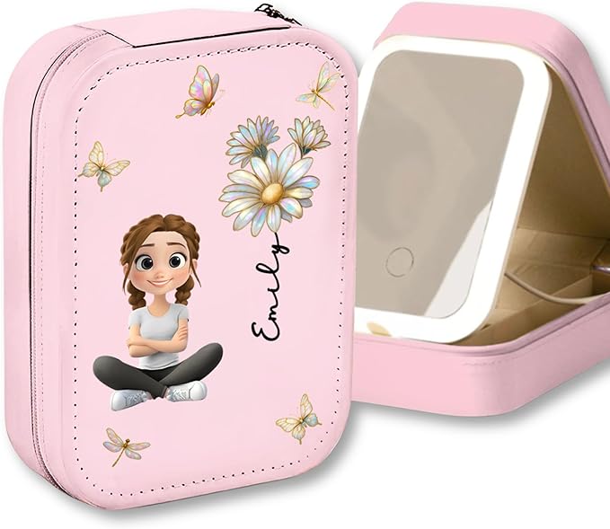 Wrappiness Floral Makeup Box Gifts for Girl Woman - Personalized Birthmonth Flower Travel Jewelry Organizer With LED Mirror Gift for Daughters Sisters on Birthday Christmas