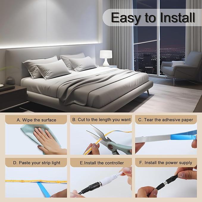 ZSLAIFU COB LED Strip, 16.4ft LED Strip Light, 24V White LED Strips, Dimmable LED Lights with Remote for Bedroom, Kitchen, TV, Mirror, Cabinet, DIY Decoration