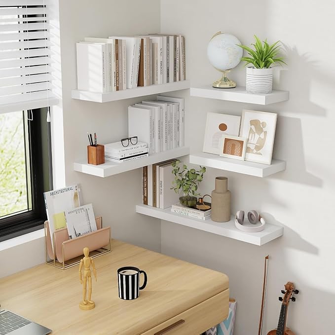Acovy 48 Inch Floating Shelves, 8 Inch Deep Floating Shelves for Wall, Hanging Shelf with Invisible Brackets, Deep Shelves for Bathroom, Bedroom, Living Room, White, Set of 2