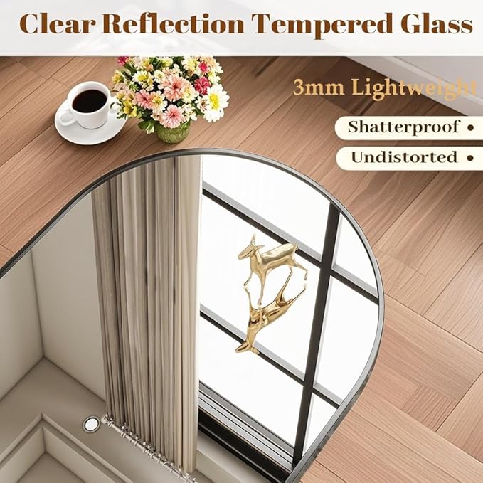 Dewfig Arched Full Length Mirror, 64"x21" Gold Mirror with Stand, Full Body Mirrors for Leaning Against or Wall Mounted, Large Floor Mirrors for Bedroom, Living Room, Black
