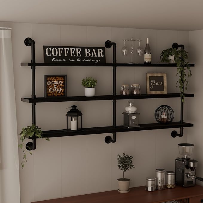 HDDFER Industrial Pipe Shelving Rustic Black Pipe Wall Shelves Industrial Shelves with Wood Planks Floating Shelves 60 Inch Farmhouse Bathroom,Kitchen Shelving Wall Mounted