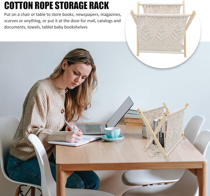 BESTOYARD Boho Cotton Rope Woven Storage Rack 14.56X10.23X15.15 Inch Rustic Magazine Holder and Organizer Basket for Books Newspapers Towels Home Office Decor