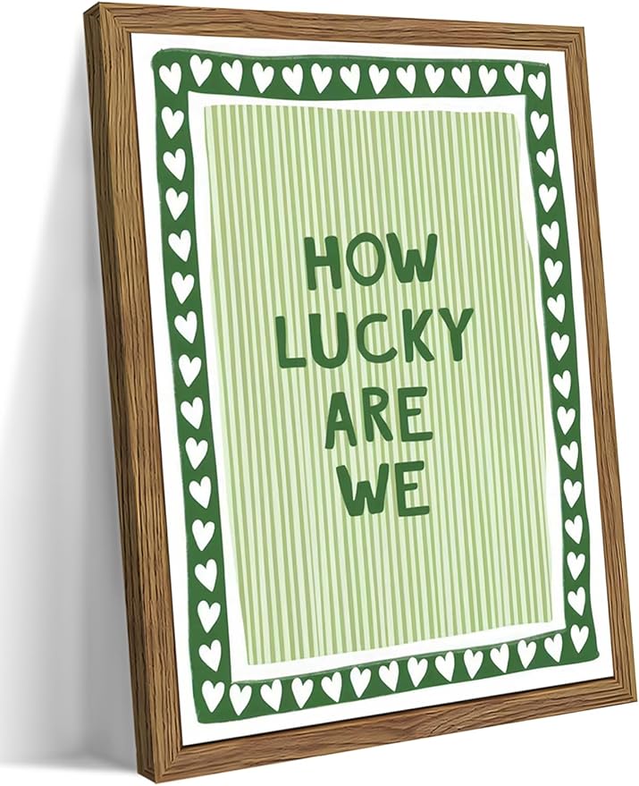 How Lucky Are We Wall Art, Vintage Green Inspirational Canvas Wall Decor Painting, Trendy Preppy Stripe Quotes Posters Prints Pictures for Bedroom Dorm Apartment Decor 12x16 Inch Framed