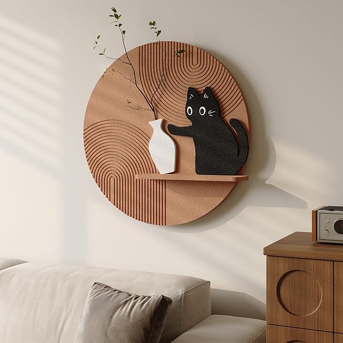 3D Textured Round Cat Wall Art with Shelf, Modern Minimalist Brown Sandstone Texture Artwork for Walls, Black Cat Geometric Wall Art Decor for Living Room, Hallway, Dining Room, Bedroom, Office, 24x24