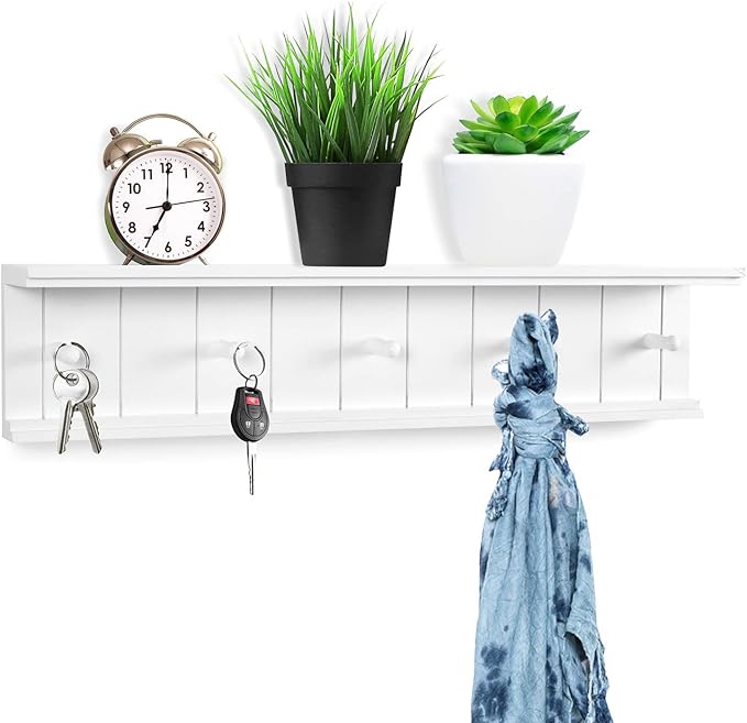 Greenco Entryway Wall Mounted Floating Shelf with Wooden Peg Style Hooks, Hat and Coat Hanging Storage Shelf, 24” – White
