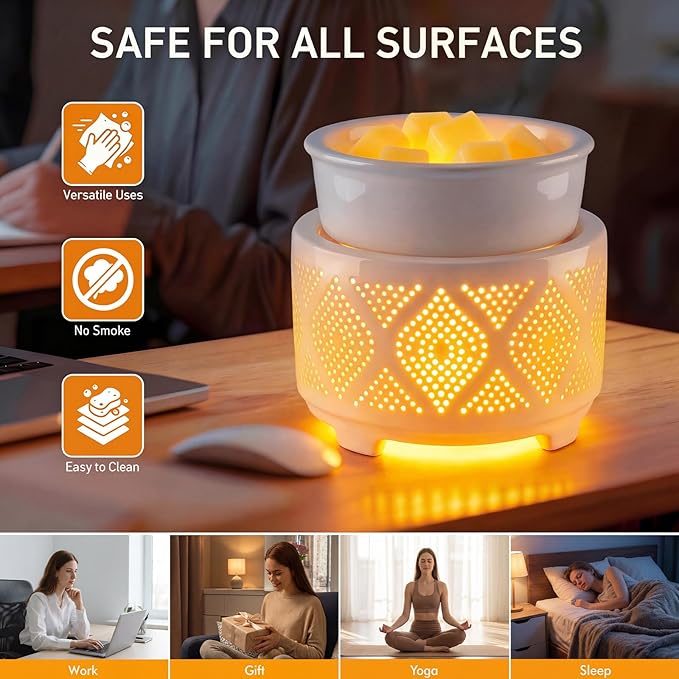 Wax Melt Burner Ceramic Electric 4-in-1 Candle Warmer Lamp with 7-Color LED Light Fragrance Oil Burner for Scented Wax Candle Jar Home Office Bedroom Decor Gifts for Women Mom - Heart Pattern