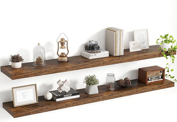 Acovy 55 Inch Floating Shelves, 8 Inch Deep Floating Shelves for Wall, Hanging Shelf with Invisible Brackets, Deep Shelves for Bathroom, Bedroom, Living Room, Brown, Set of 2