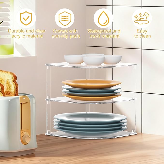 Acrylic Plate Organizer for Cabinet Kitchen Countertop Corner Clear Cabinet Organizer for Paper Plate and Bowl Dishes Pantry Storage Corner Rack Plate Holder for Cabinet Shelf Space Saver